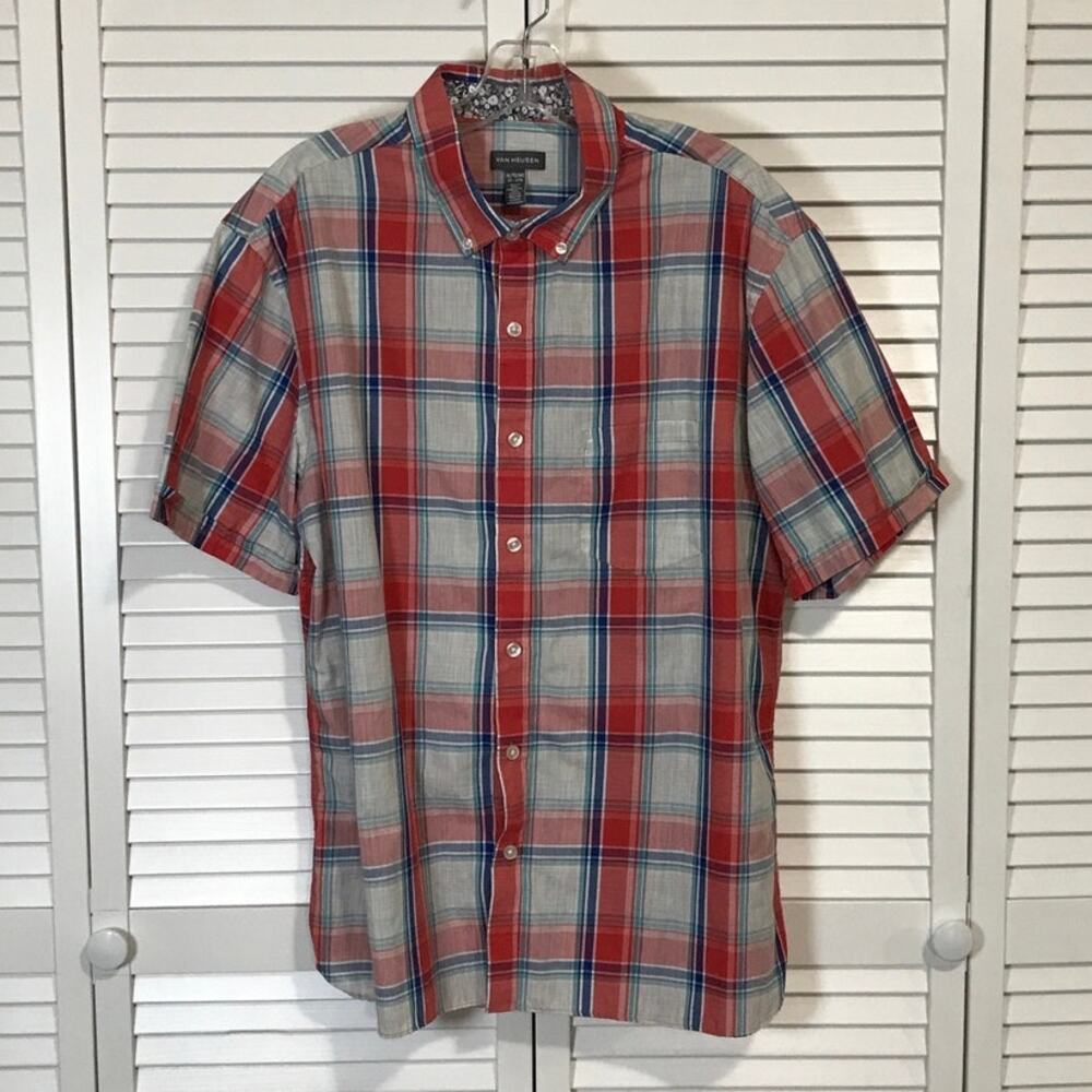 Van Heusen Multicolor Plaid Slim Fit Never Tuck Short Sleeve Shirt Men XL